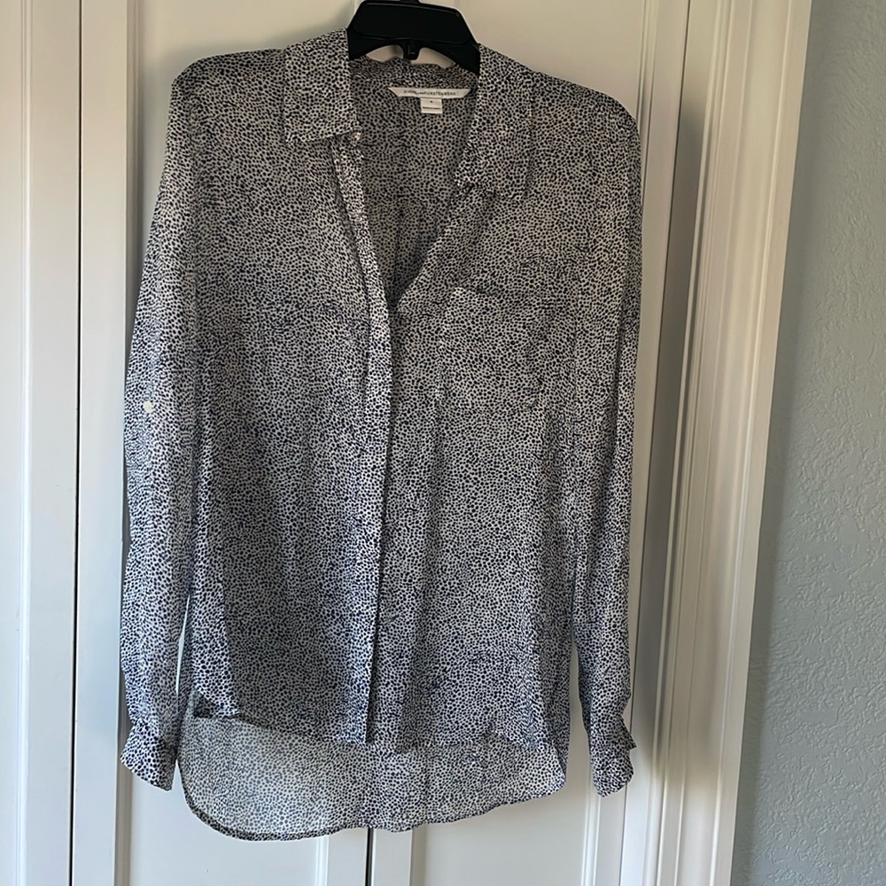 Diane Von Furstenberg elegant, flowy, sheer navy/white blouse.